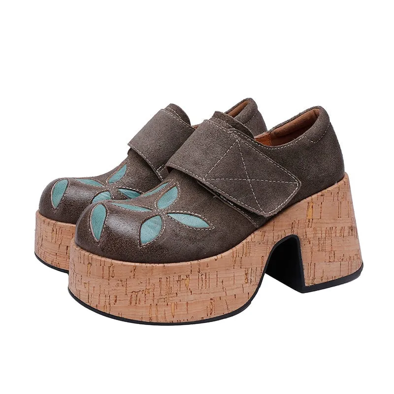 Retro Burnt Cow Leather Platform Loafers For Women with Flowers Designer Shoes in Gray/Coffee