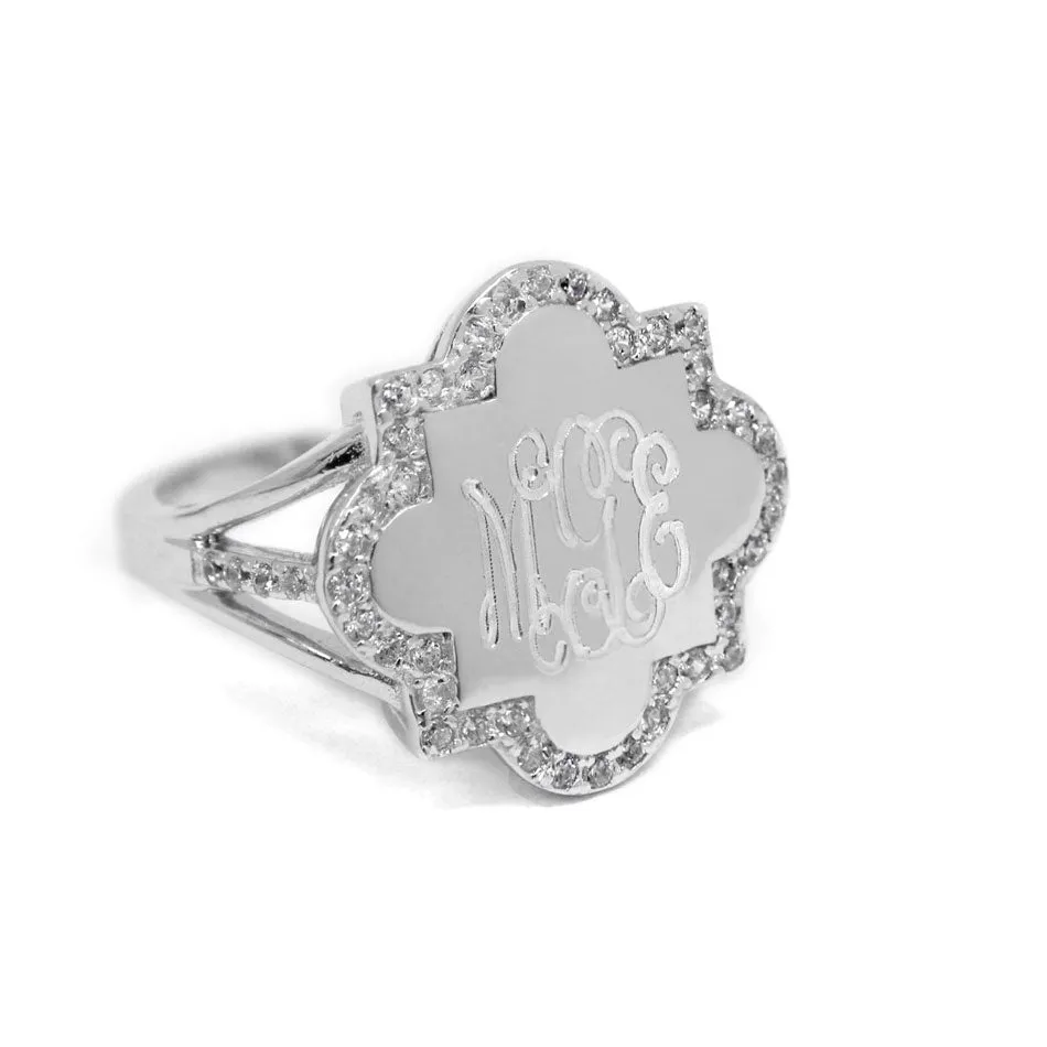 Sterling Silver CZ Quatrefoil Monogram Ring