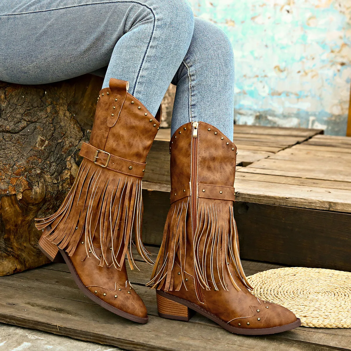 Studded Fringe Block Heel Boots