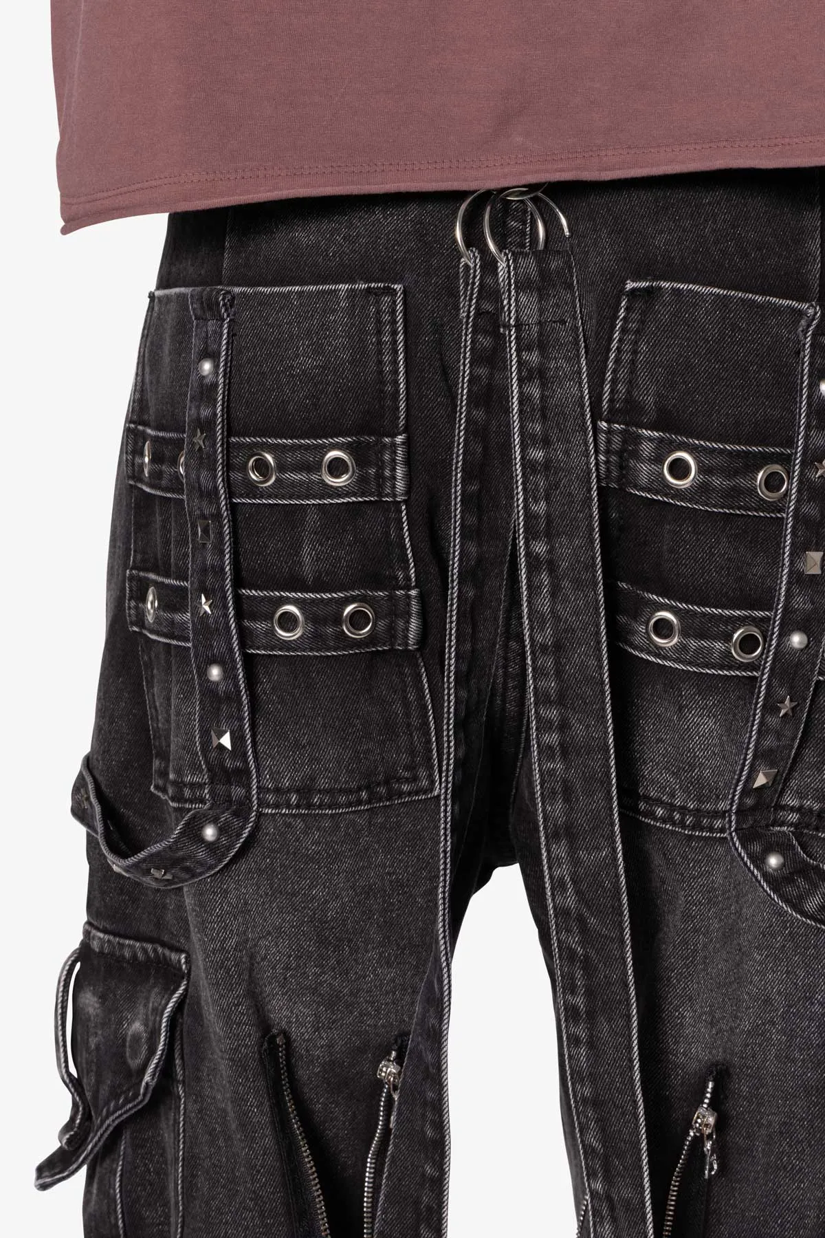 Ultra Baggy Studded Cargo Denim - Washed Black