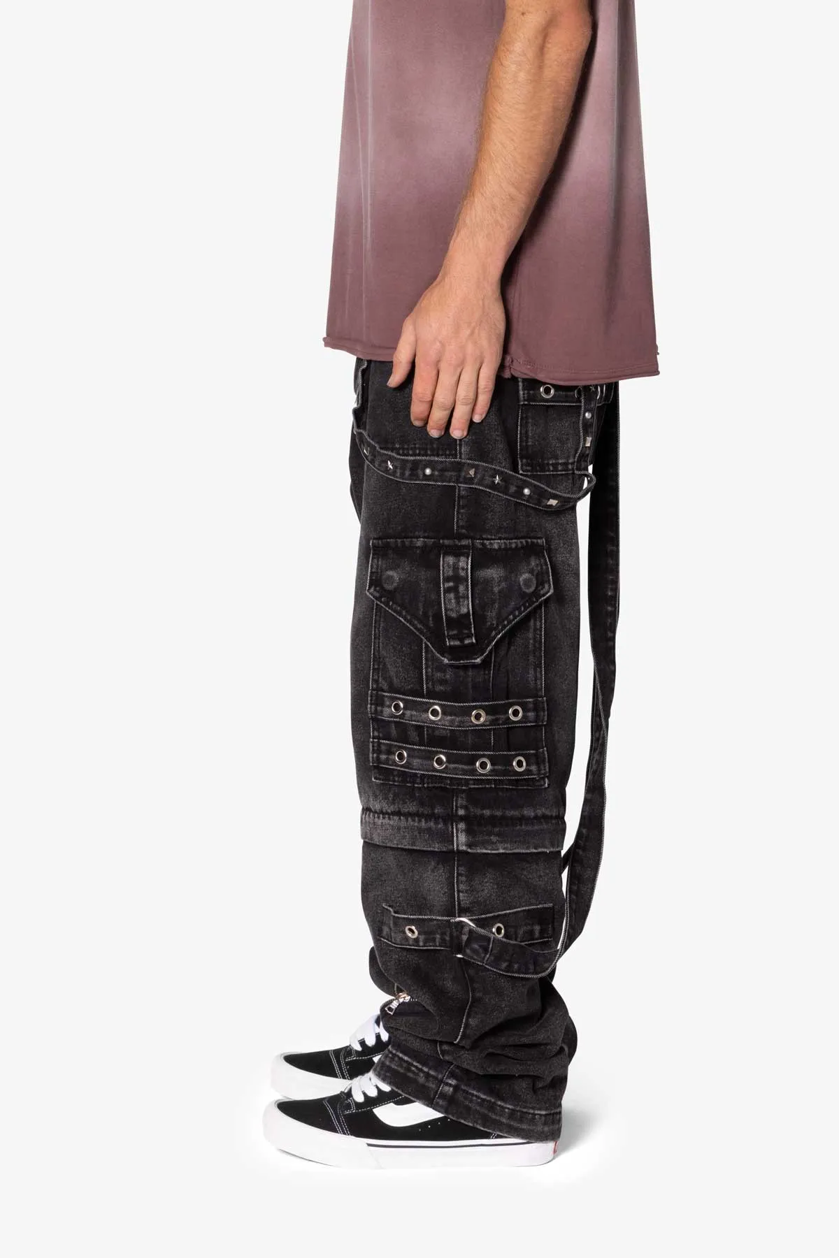 Ultra Baggy Studded Cargo Denim - Washed Black