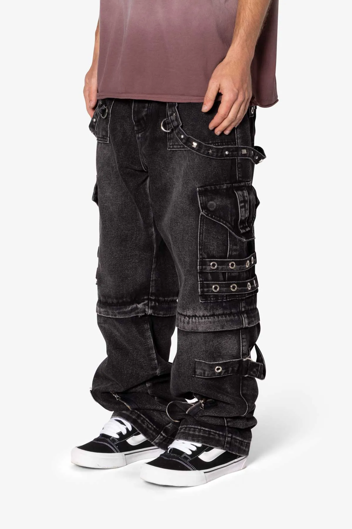 Ultra Baggy Studded Cargo Denim - Washed Black