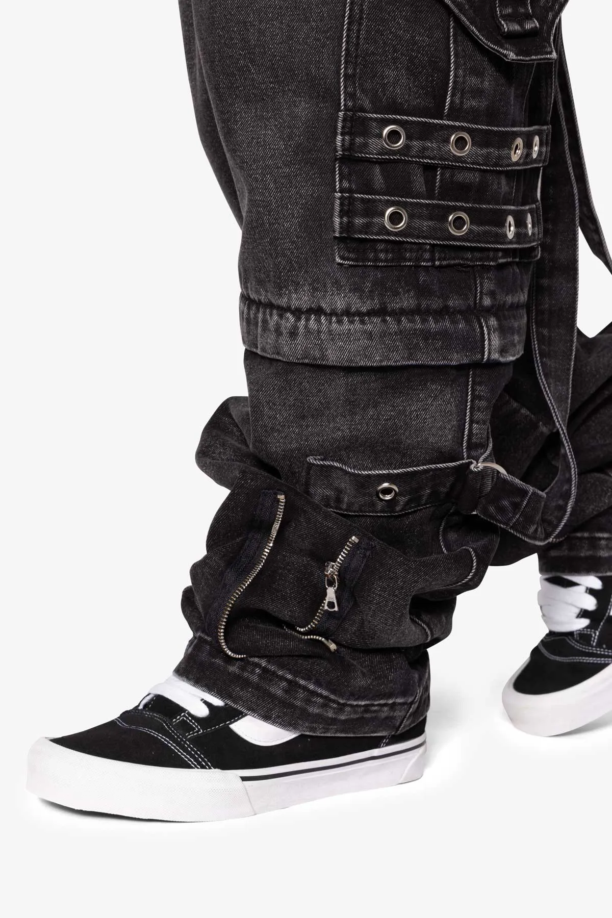 Ultra Baggy Studded Cargo Denim - Washed Black