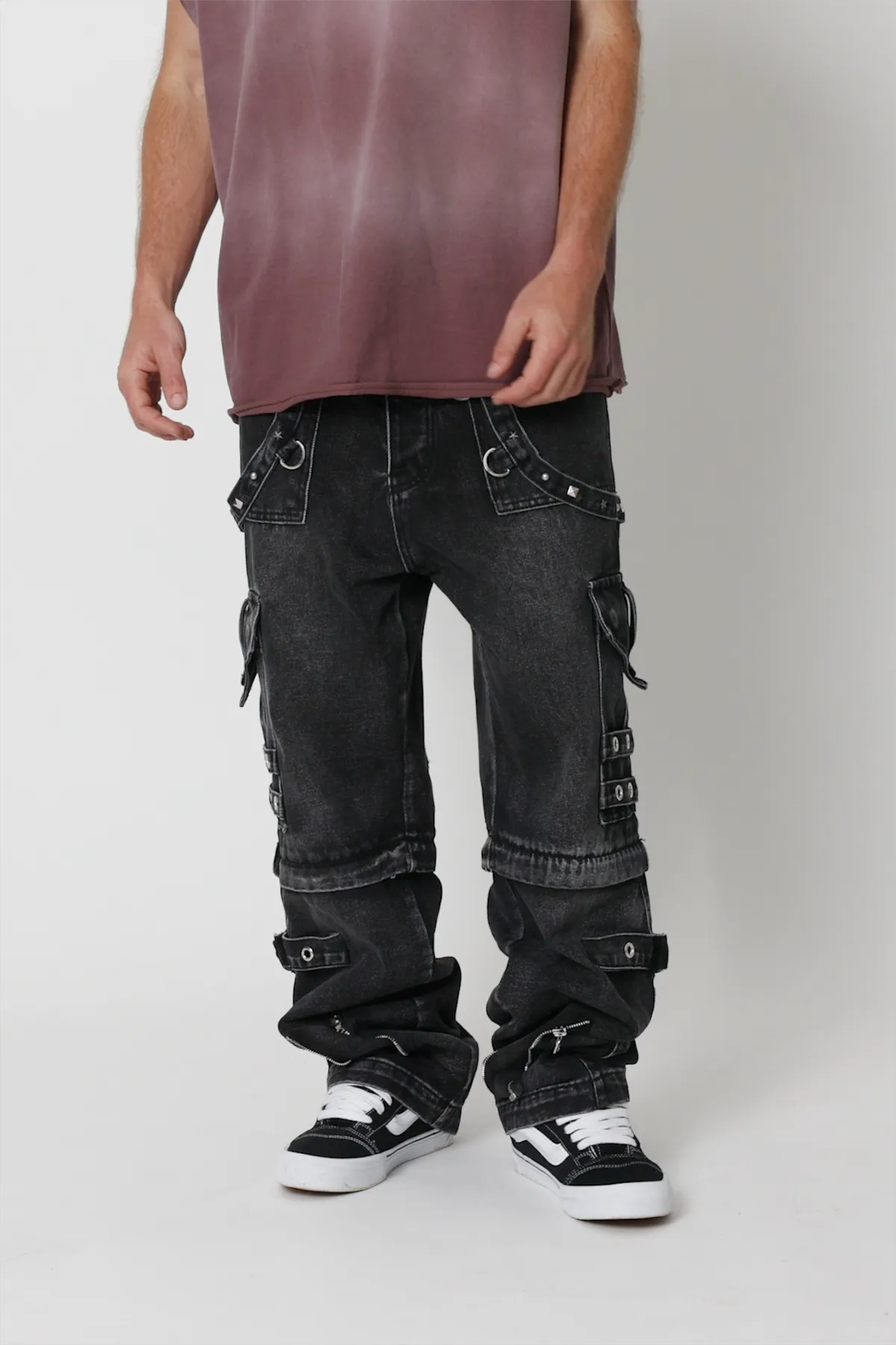 Ultra Baggy Studded Cargo Denim - Washed Black