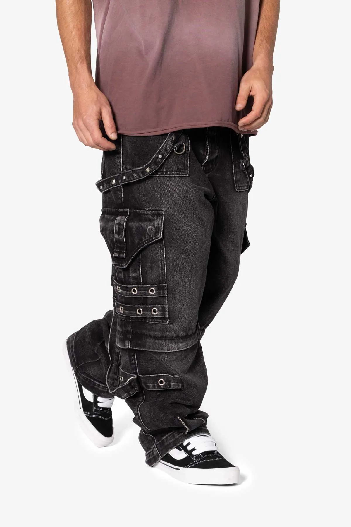 Ultra Baggy Studded Cargo Denim - Washed Black