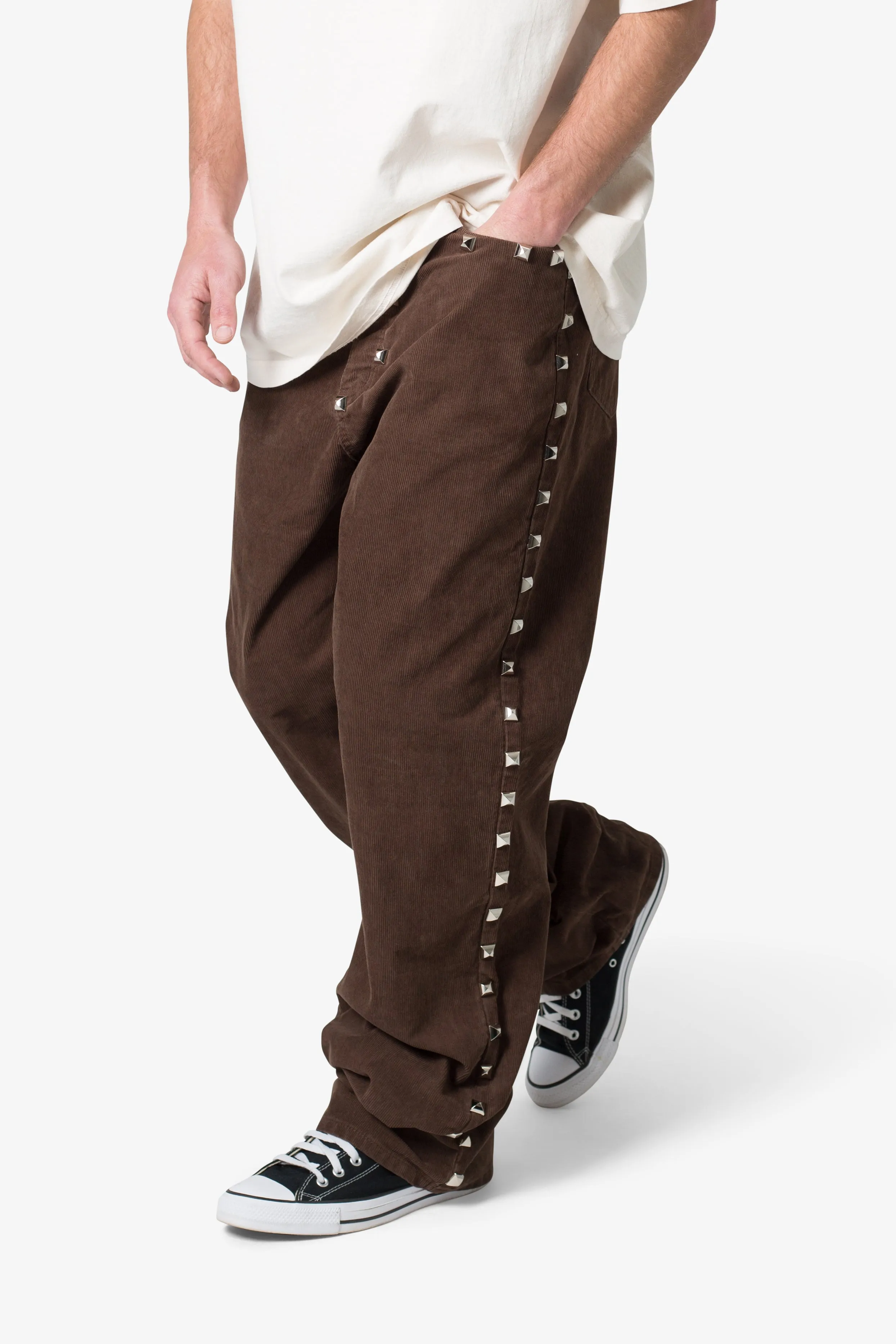 Ultra Baggy Studded Corduroy Pants - Brown